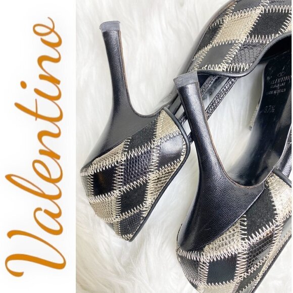 VALENTINO Leather Black & Gray Argyle Print Round Toe Pumps, Size 37.5 - Picture 6 of 10